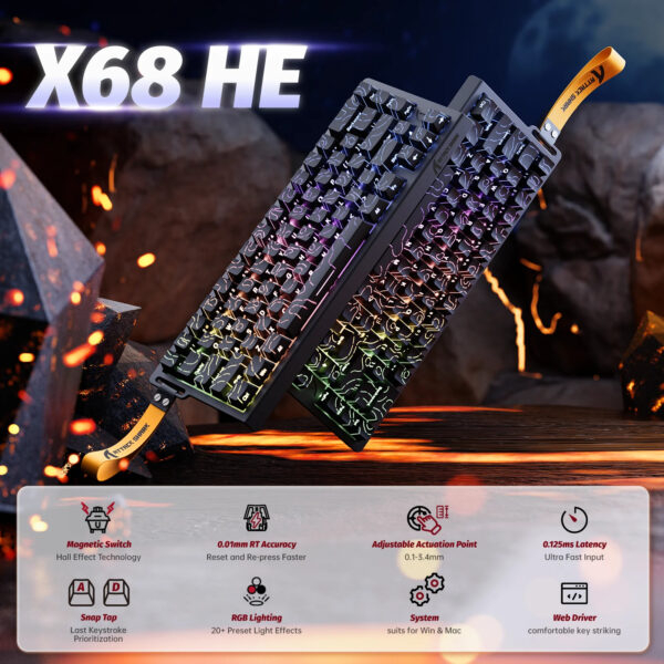 Attack Shark X68 HE 60% Wired Magnetic RGB Gaming Keyboard – Ultra-Fast 0.01mm RT, Adjustable Actuation, Snap Tap/DKS