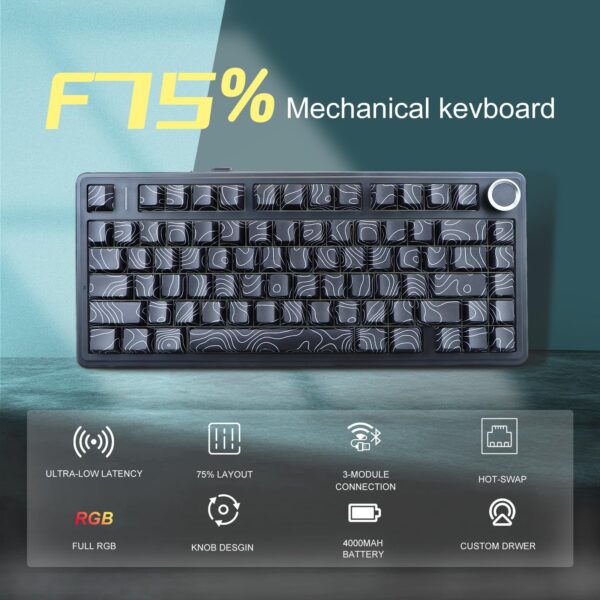 Aula F75 Gasket Mechanical Keyboard, 75% Wireless Hot Swappable Gaming Keyboard with Five-Layer Padding&Knob, Bluetooth/2.4GHz/USB-C, RGB, Pre-Lubed Switches - Black Contour